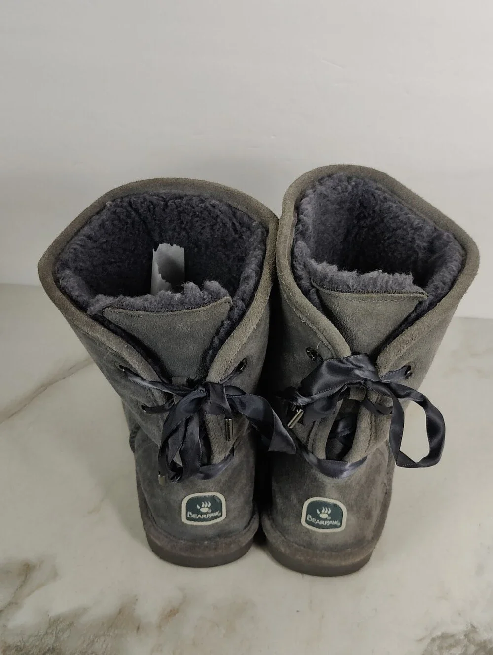 BearPaw Women's Grey Suede Tie Up Bow Winter Boots, Sz 10